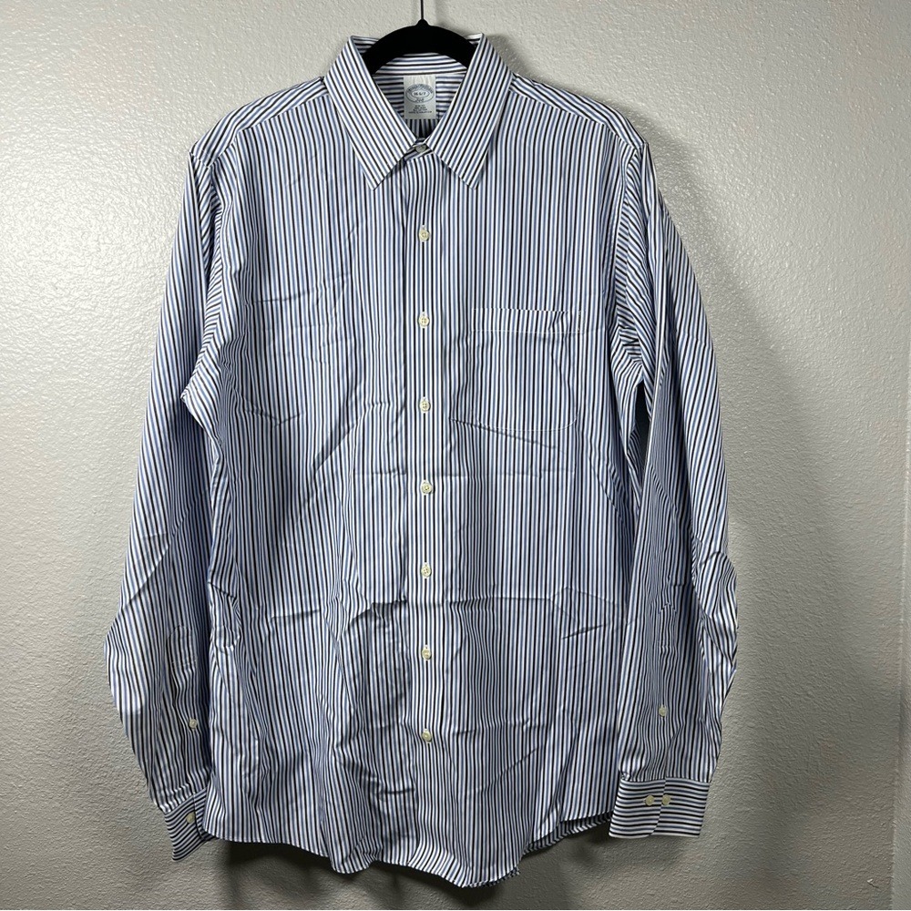 Brooks‎ Brothers Blue White Stripe Men's L Slim Fit Long Sleeve Cotton Shirt